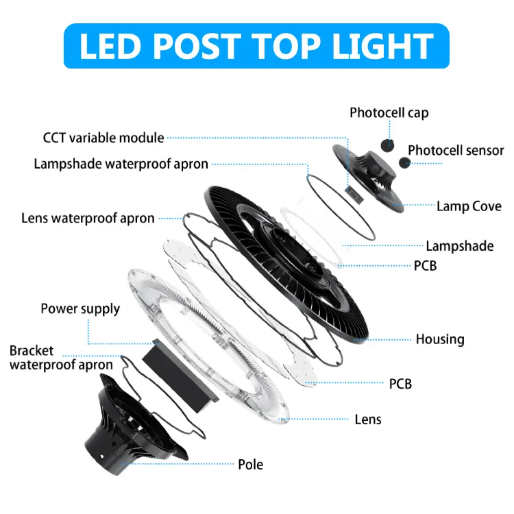 Luz LED de Jardín Ajustable 150W IP65 Incorporada Impermeable 130lm/W Redonda Negra Patio Parque Poste Superior 3
